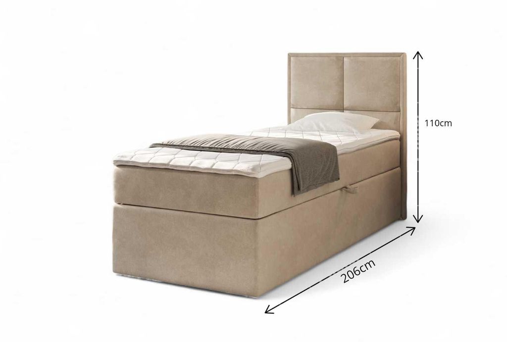 A single bed with a headboard, mattress, and base, shown against a white background with dimensions indicated.