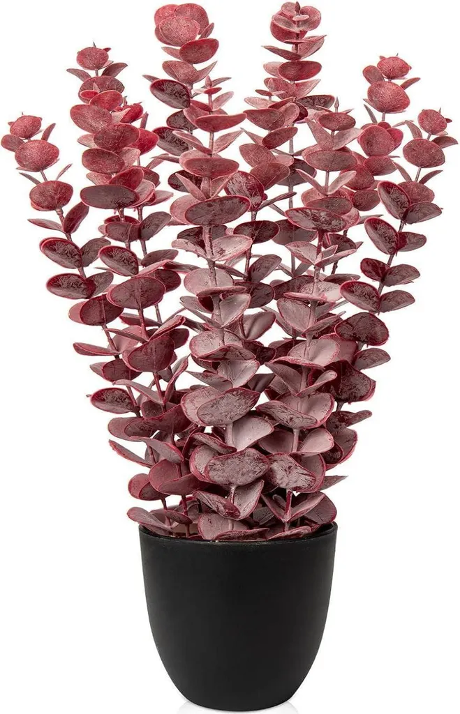 Plante Eucalyptus artificiel rouge 40 cm avec pot noir design et réaliste