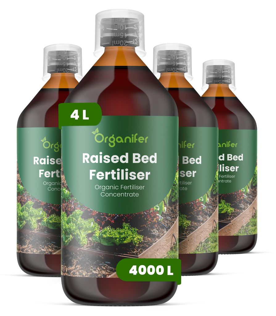 Hochbeete Flüssigdünger 4x1L – 2-1-8 NPK – Flüssig-Pflanzendünger für Hochbeete – Für Gemüse, Kräuter & Mischkulturen – Organifer
