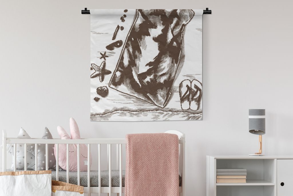 MuchoWow Wandteppich Wandbehang Strand - Handtuch - Hausschuhe 90x90 cm Tapisserie Dekoration Wandtuch - Wandaufhänger