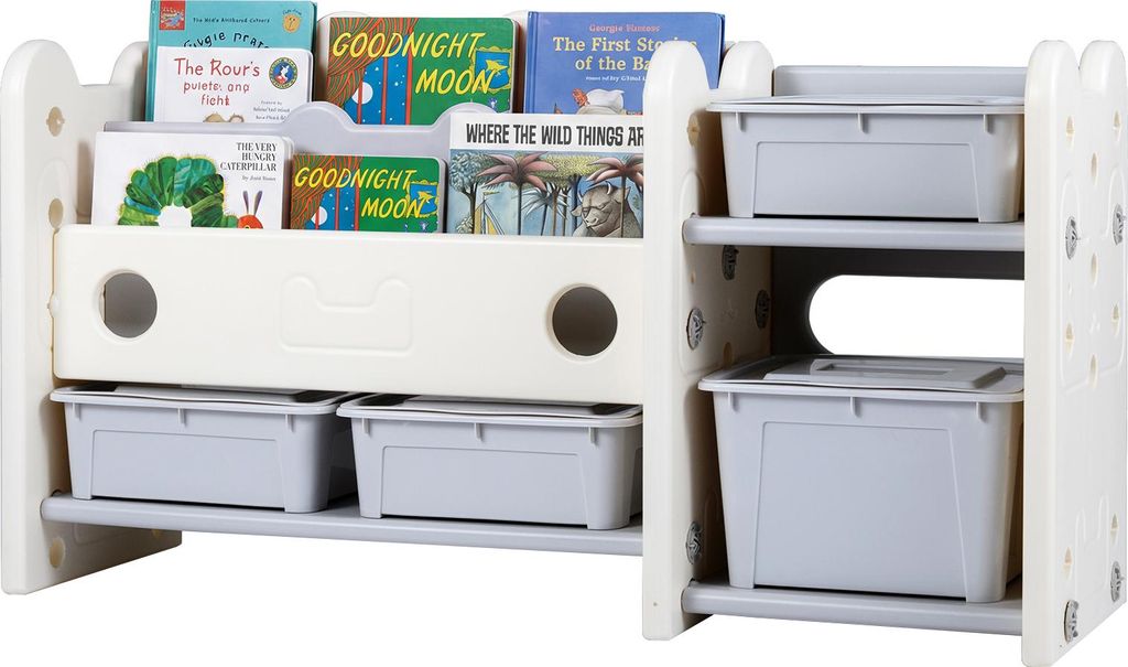 COSTWAY 2 in 1 Bücherregal Kinder, 2-stufiges Kinderregal mit 4 Aufbewahrungsboxen&Spielzeugregal, Kinderbücherregal Montessori, Spielzeug Organizer
