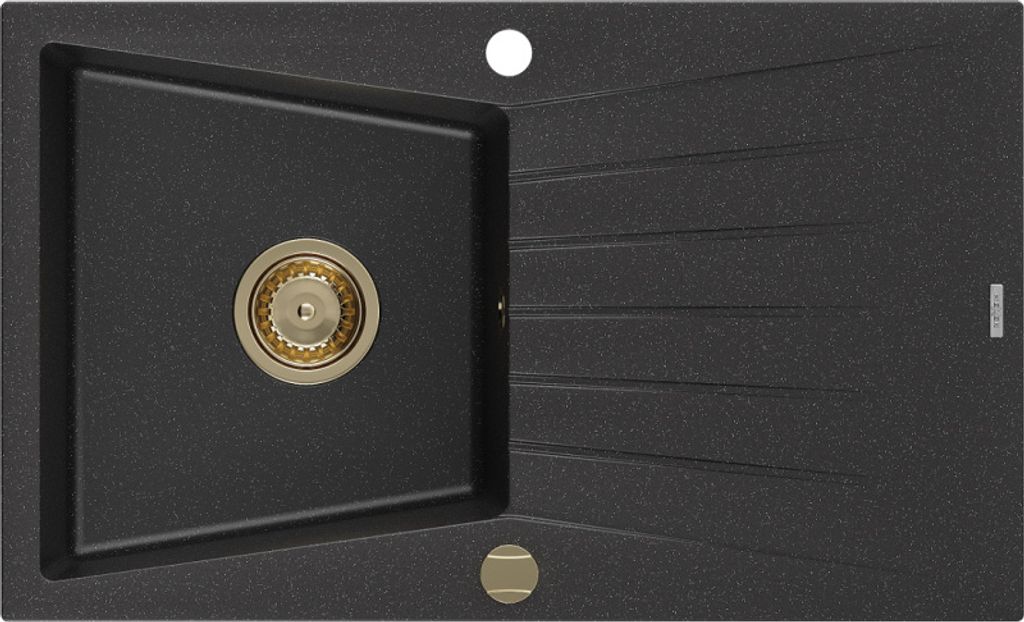 Mexen Cesar Granitspüle mit einem Becken und einer Abtropffläche 775 x 470 mm, Schwarz/Silbermetallic, Siphon Gold - 6514771010-