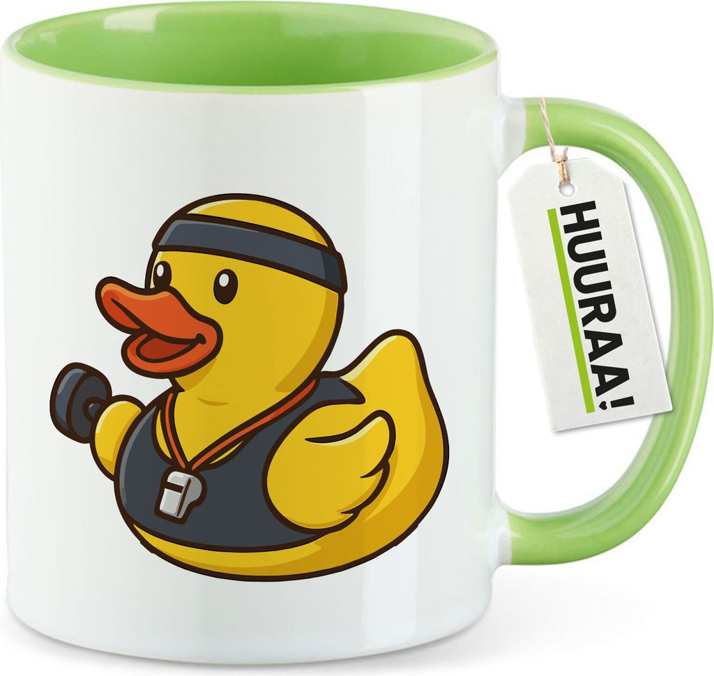 Huuraa Kaffeetasse Quietscheente Fitness-Trainer Gummiente Coach 330ml Grün Keramik Kaffeebecher Geschenkidee