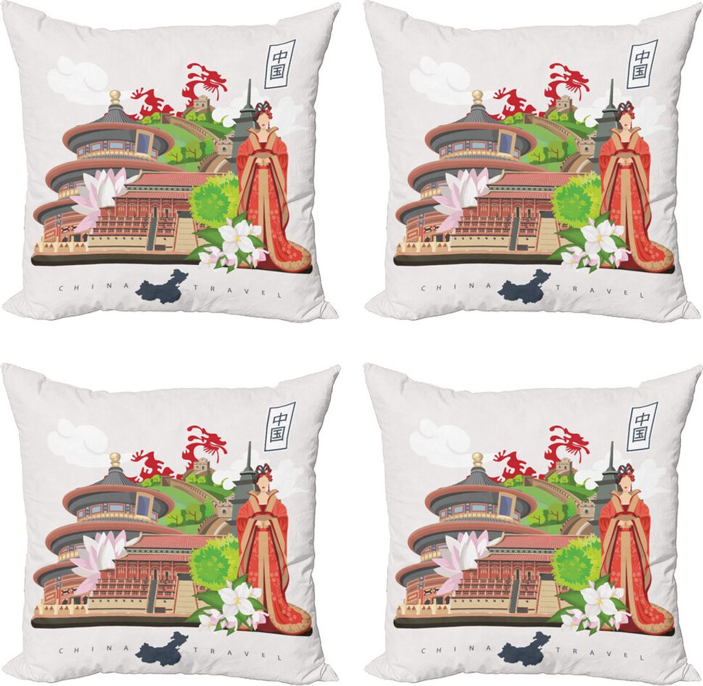ABAKUHAUS Vintage China Kissenbezug Set (4 Stück), Kultur Kleid Palace, Moderner Doppelseitiger Digitaldruck, 50 cm x 50 cm, Mehrfarbig