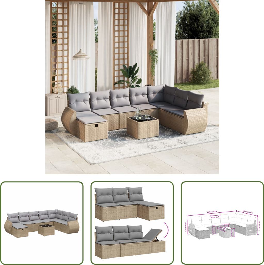 The Living Store 9-tlg. Garten-Sofagarnitur mit Kissen Beige Poly Rattan