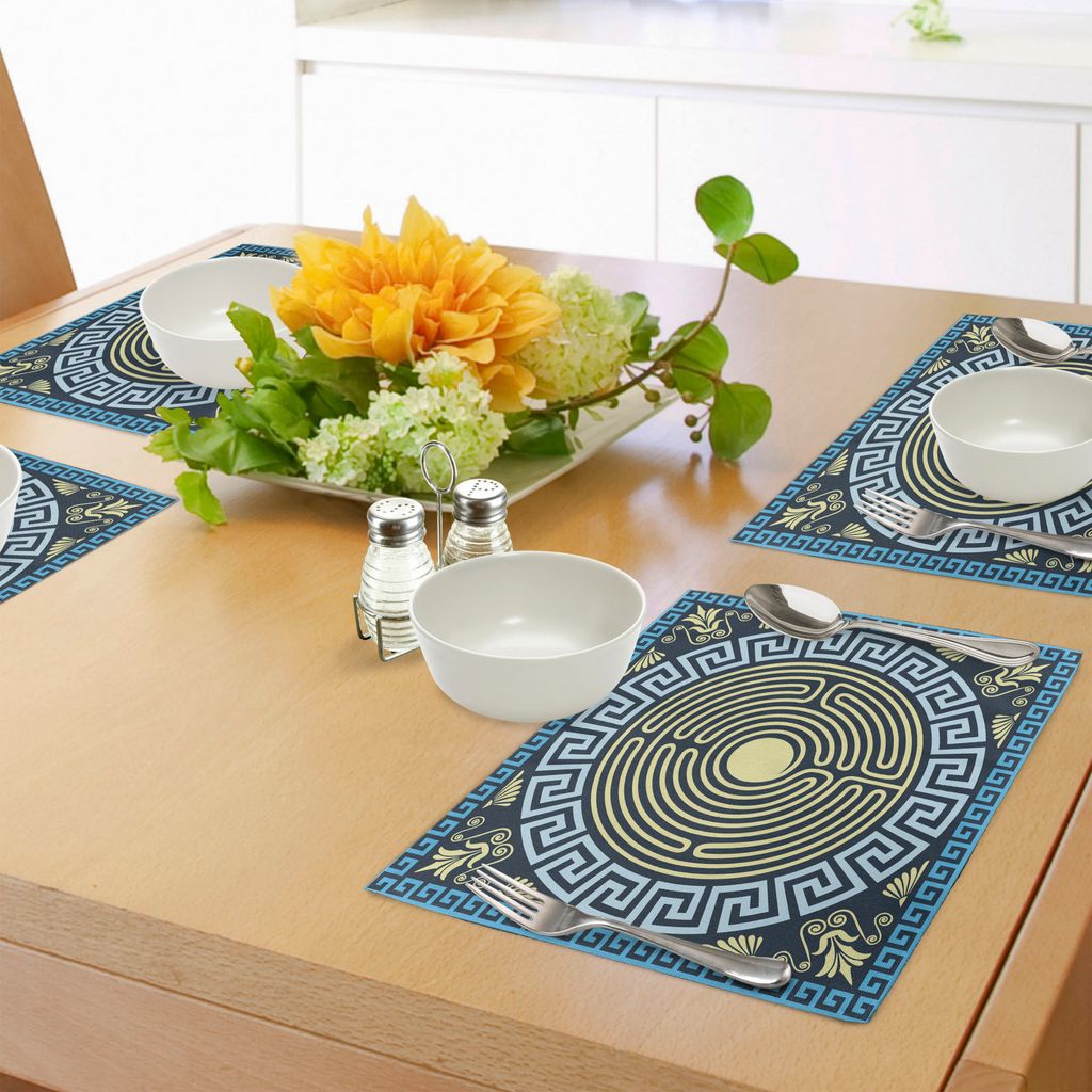 ABAKUHAUS Greek Key Platzmatten, Gelbes und blaues Labyrinth-Muster von der Alten Kultur mit Blumendetails, Waschbare Stoff Esszimmer Küche Tischd...