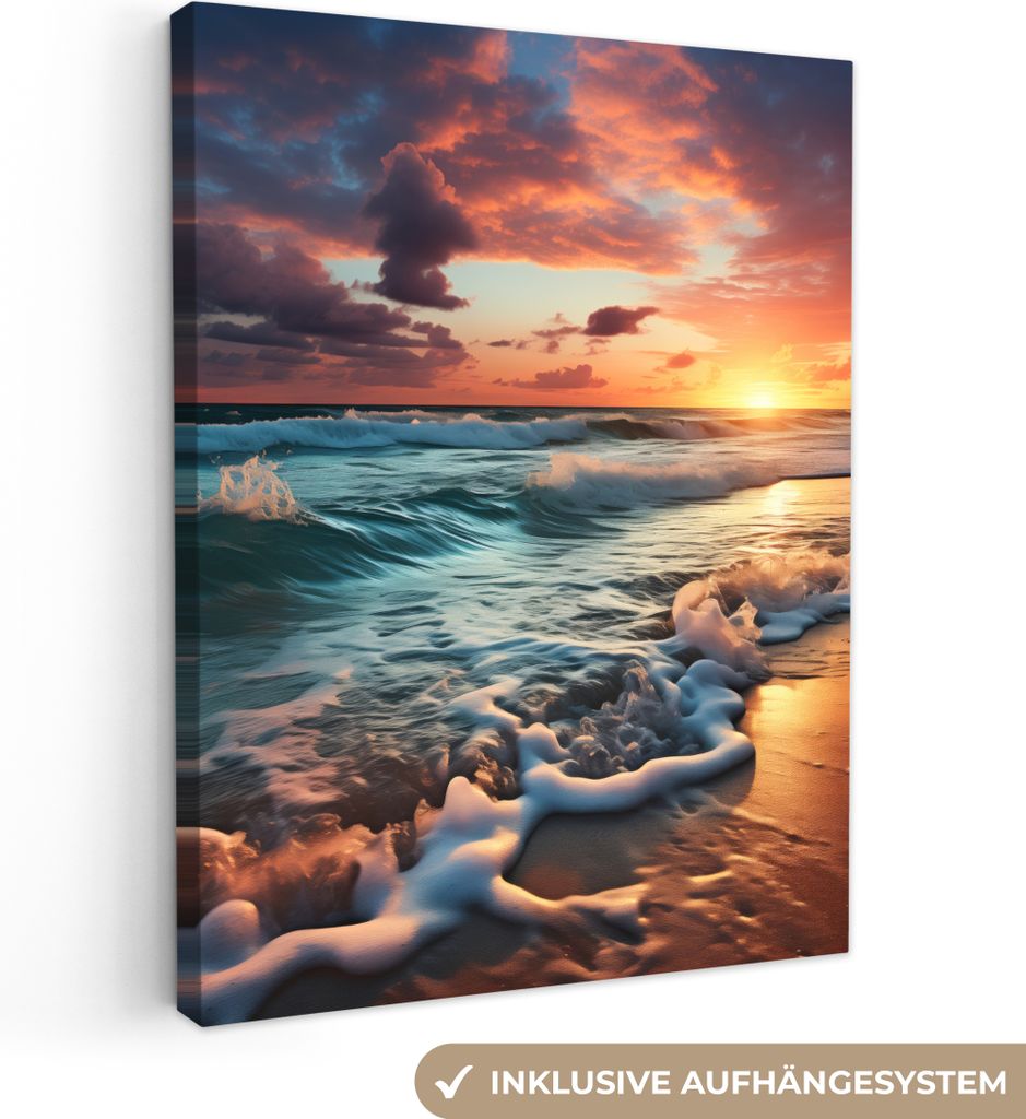 MuchoWow - Leinwandbilder - Sonnenuntergang - Strand - Meer - Golfen, Wandbild, Wanddeko Bilder Wohnzimmer, 30x40 cm