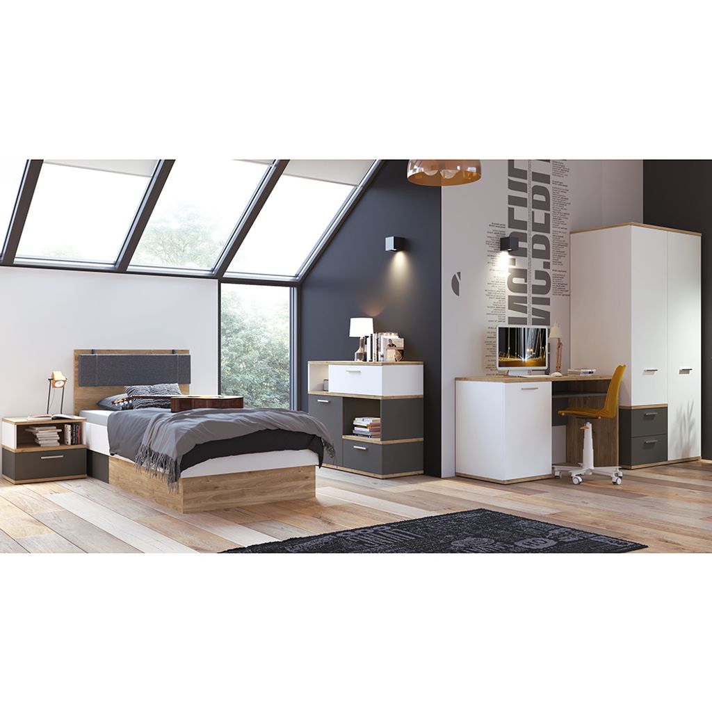 Jugendzimmer Komplett-Set TOMAR-129 mit Bett 90x200 cm in Eiche Nb. mit weiß und grau