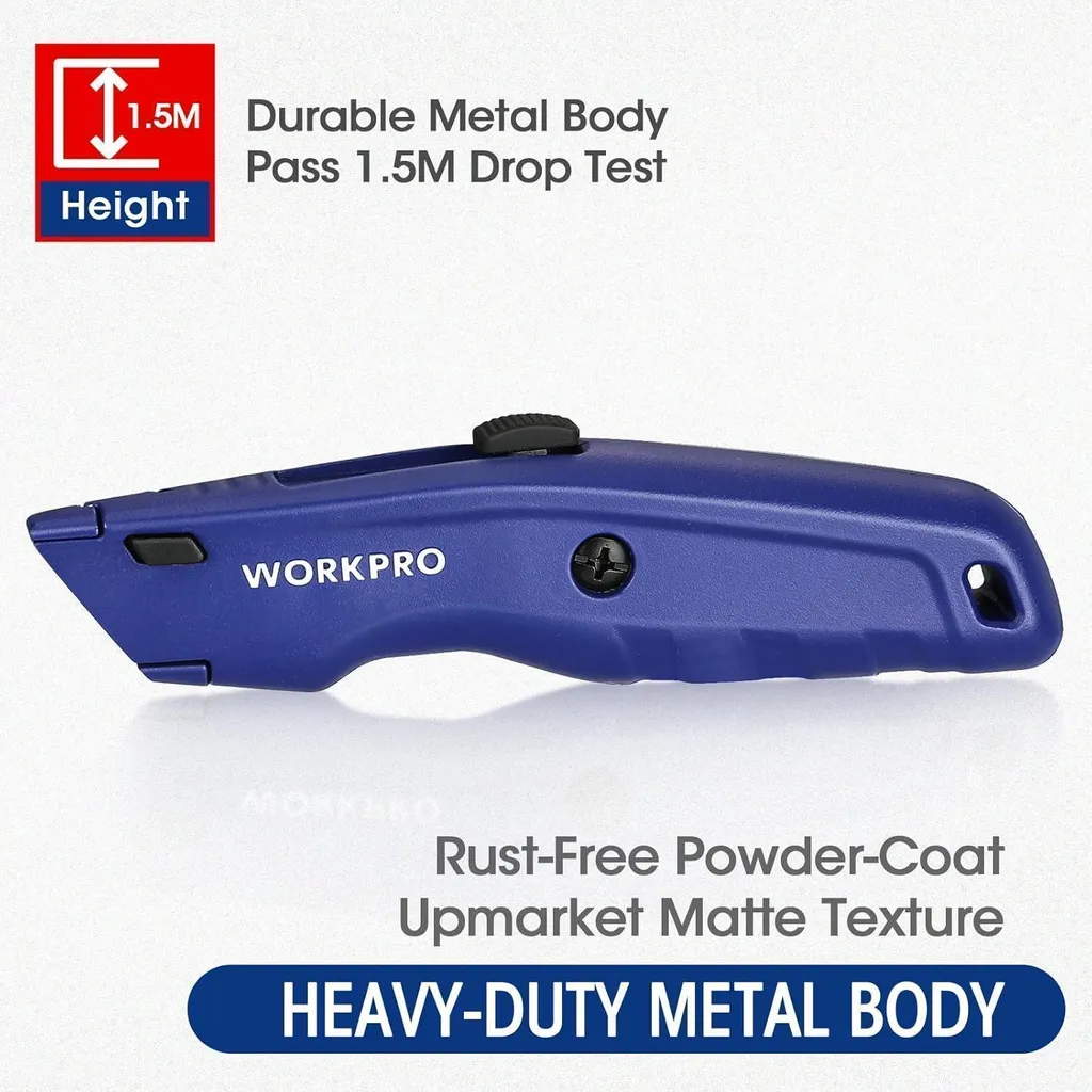 Cutter professionnel rétractable métal bleu WORKPRO avec ses 10 lames