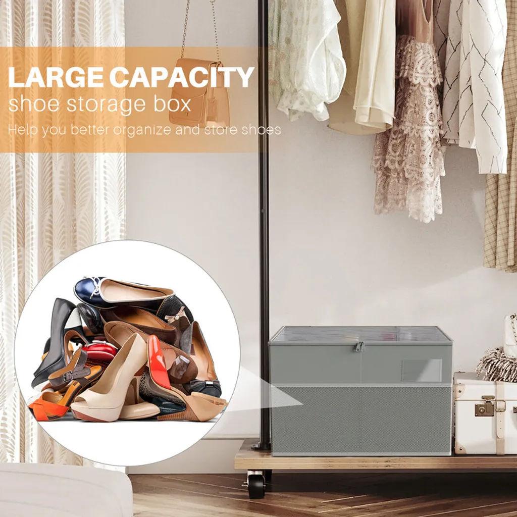 SYEXDZON Organisateur de Chaussures, Boite Rangement Chaussure Convient pour 16 Paires, Grand Boîte à Chaussures Conteneurs avec Séparateurs Réglables, Pliable Organiseur (Beige-gris
