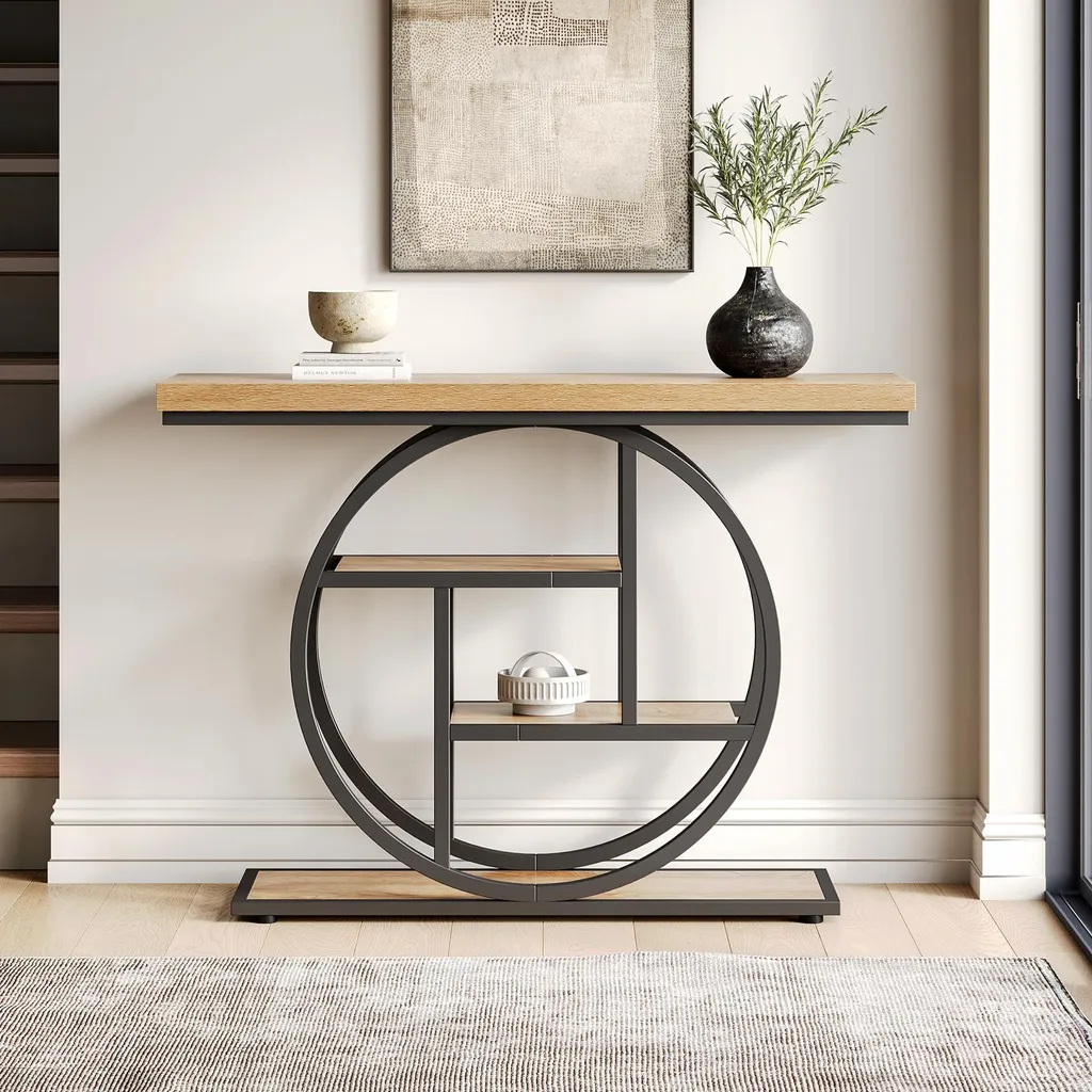 Table de Couloir Style Ferme, Console d'Entrée Bois et Métal de 104 cm