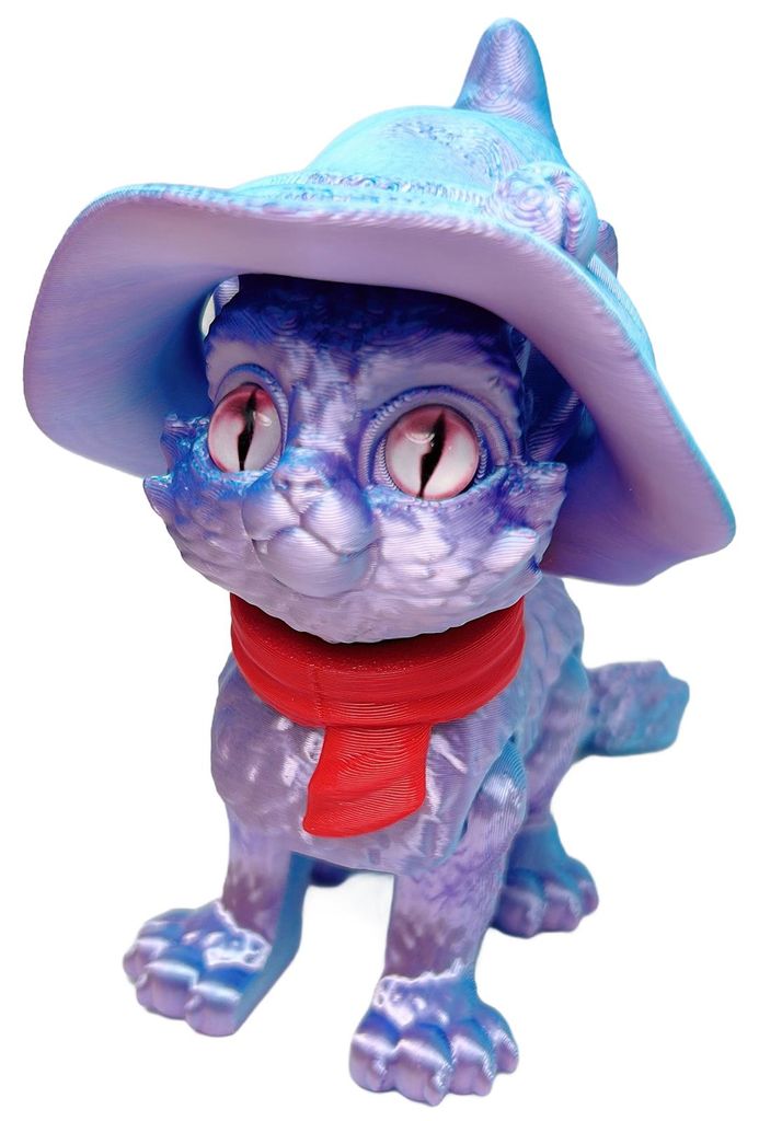 3D-gedruckte, bewegliche Katze mit Zauberhut, rotem Schal und großen Augen – ein Katzen-Fidget-Spielzeug mit flexiblen Gelenken zur Stressbewäl...