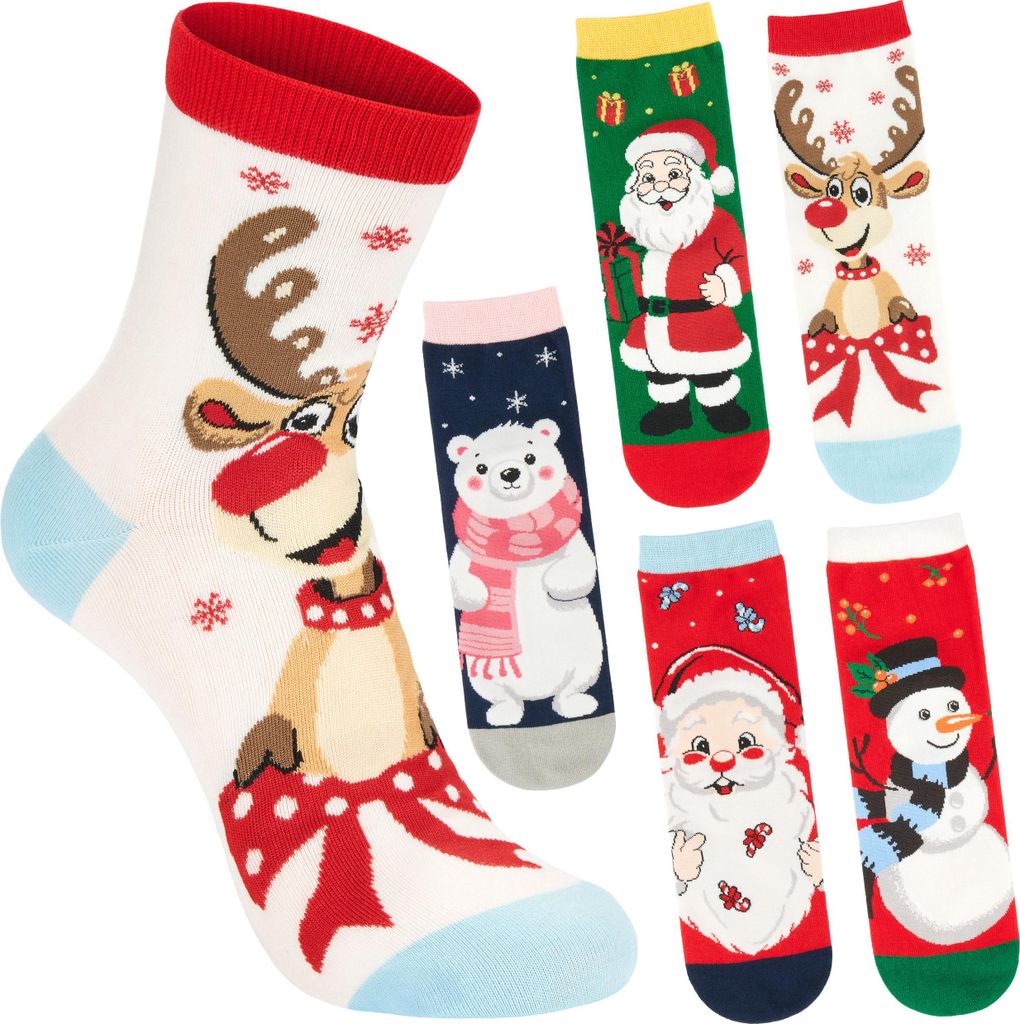 BRUBAKER 5 Paar Weihnachtssocken für Damen - Santa, Rentier und Eisbär - Lustige Socken Weihnachten - Buntes Sockenset, Größe 30-35