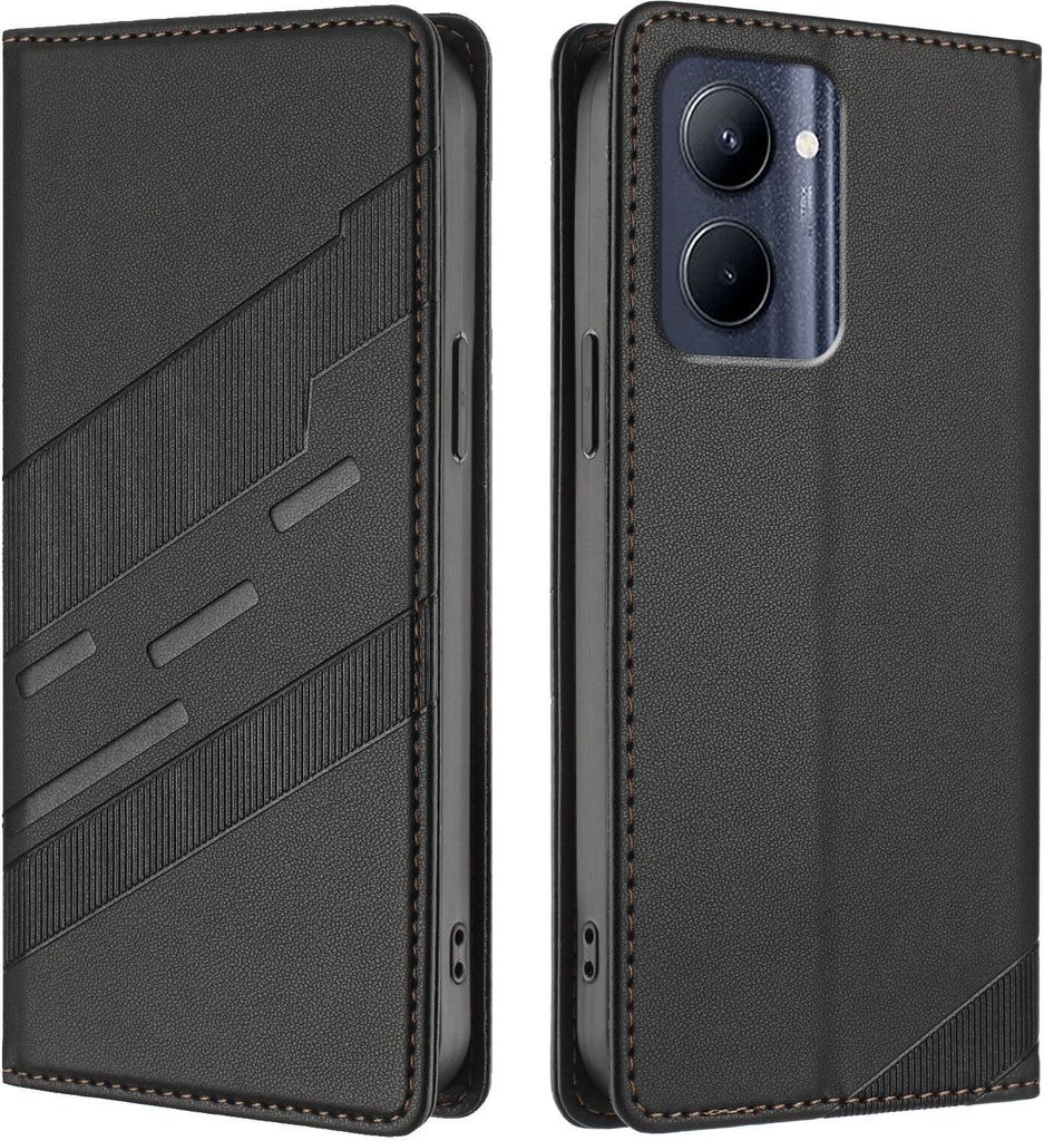 Hülle für Realme C33, Kunstleder Brieftaschen Handyhülle mit Kartenfach und Standfunktion Schwarz