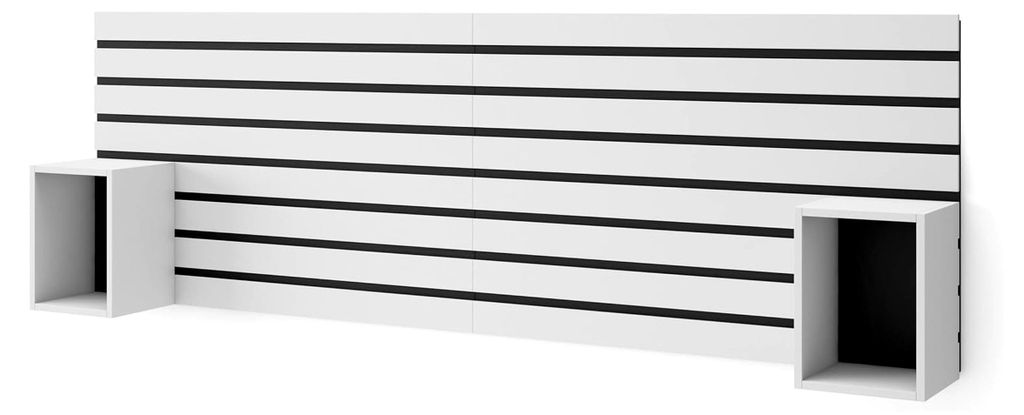 Kopfteil und Nachttische | Holz-Lamellenwand | 214x70x3 cm | Für 135, 140, 150, 160 cm Betten | Stauraum | Moderner Stil | Weiß