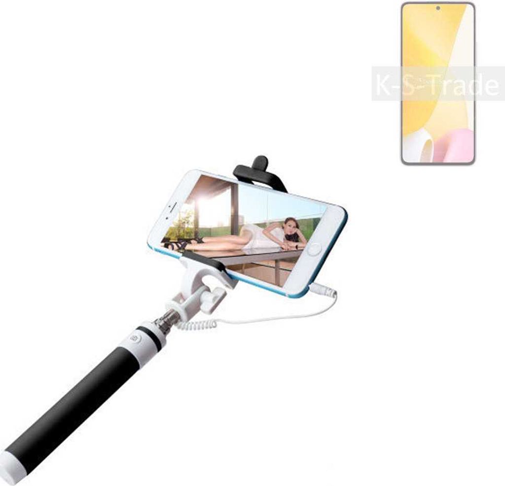 K-S-Trade Selfie Stick kompatibel mit Xiaomi 12 Lite Selfiestick kabelgebunden Monopod mit Kabel Stab Stange Selfportrait Handheldstick schwarz 1x