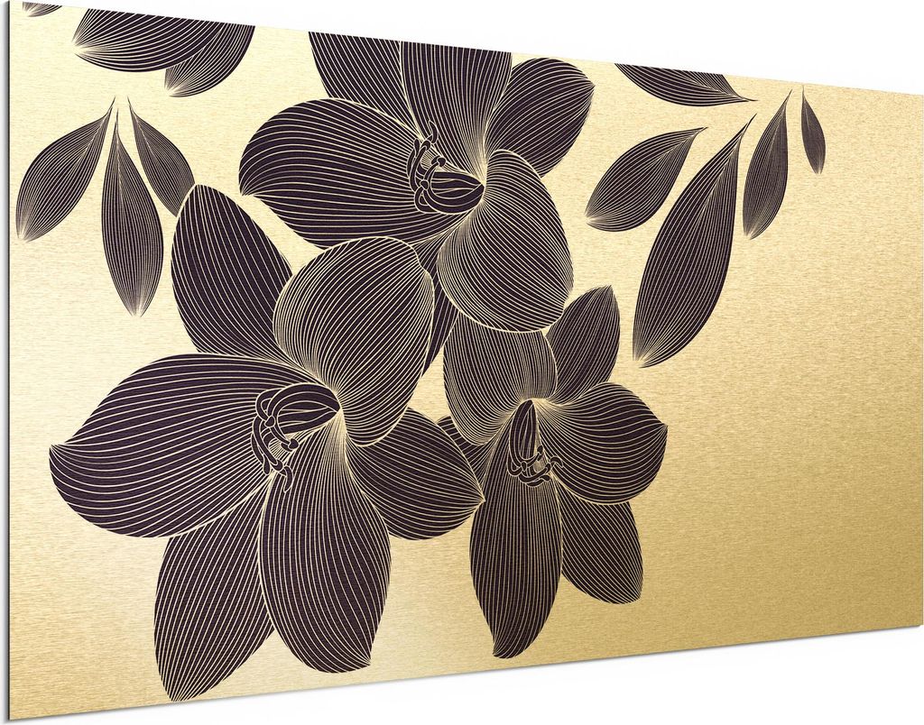 DEQORI Alu-Dibond Bild Gold 100x50 cm 'Elegante Liliengrafik' Wandbild Metall dünn Design