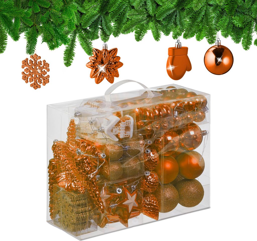 Relaxdays Weihnachtskugeln 100er Set, glitzernd, matt & glänzend, Baumschmuck, Kunststoff, verschiedene Designs, orange