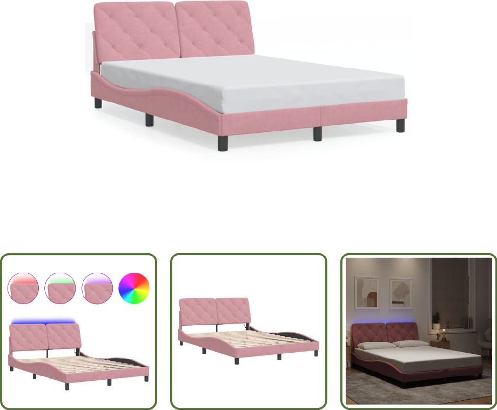 The Living Store Bettgestell mit LED-Leuchten Rosa 140x200 cm Samt