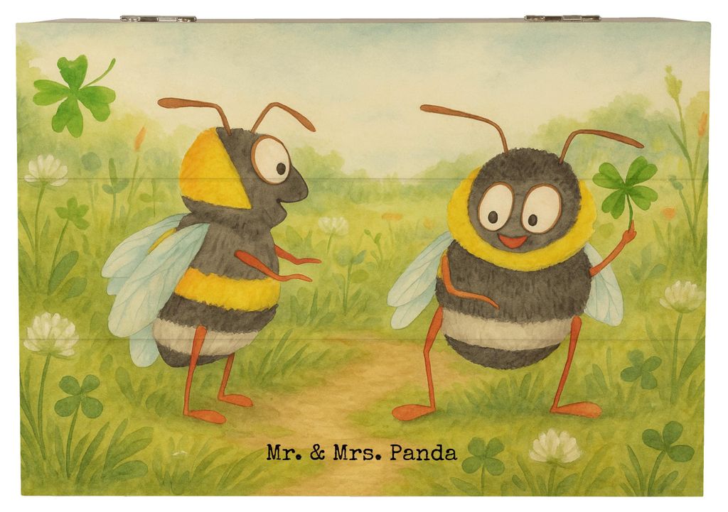 Mr. & Mrs. Panda Box Hummeln Kleeblatt Design 22 x 15 cm - Weiß - Geschenk, Spruch Positiv, Lustige Sprüche, Holzkiste, fotokiste, glücklich sei...