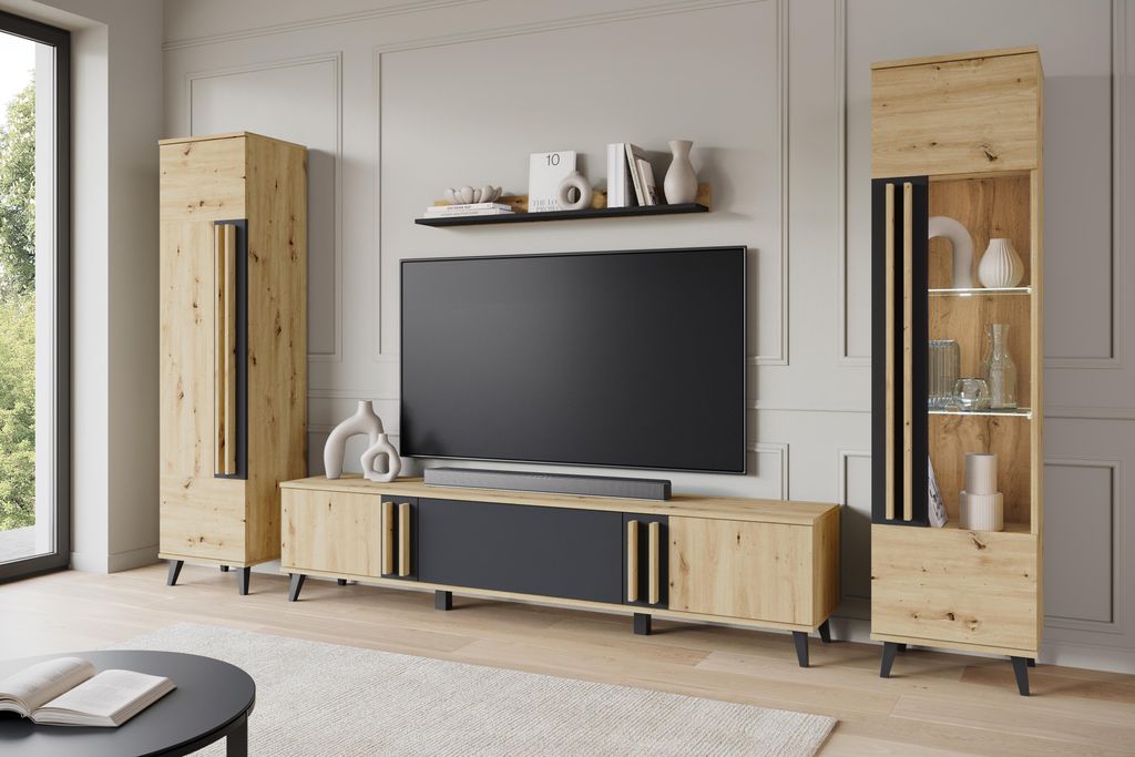 MINIO go for it, HURON II Wohnwand – Wandregal mit 2 Schränken, TV-Lowboard, 1 Hängeregal, Kunststoffbeine, ohne LED-Beleuchtun, Artisan Eiche/...