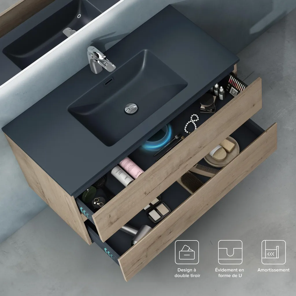 Meuble Vasque 100cm Solid Surface Gris Noir et Finition Chêne Clair