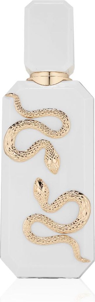 A white perfume bottle with gold snake detailing on a white background.