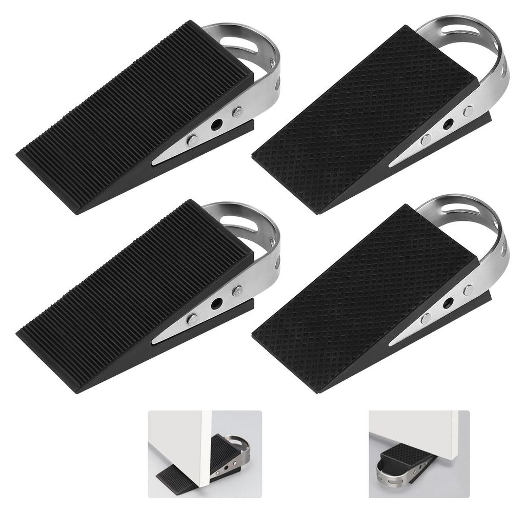 4-teiliges Türstopper-Set aus Gummi, tragbarer Türstopper, schwarz, rutschfester Gummikeil mit Edelstahlhaltern, kratzfester Keil für Badezimmer...