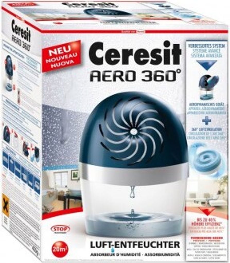 The image shows the retail packaging of a Ceresit AERO 360° dehumidifier.