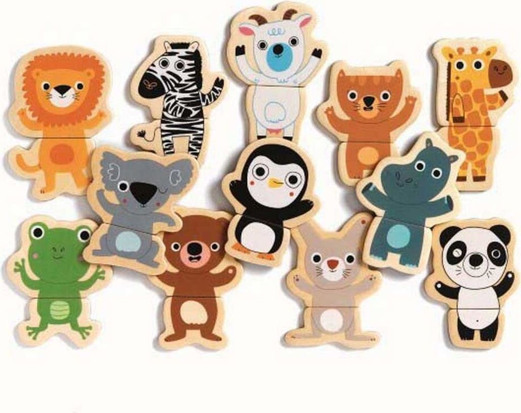 A collection of wooden magnetic animal figures arranged on a white background.