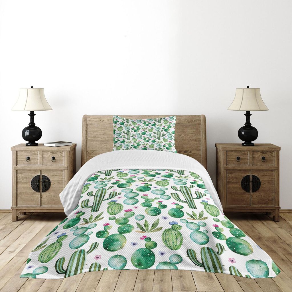 ABAKUHAUS Grün Tagesdecke Set, Mexikanischer Kaktuspflanzen Wiederholendes Aquarell Karikatur, 170 x 220 cm, Lime Green Pale Pink