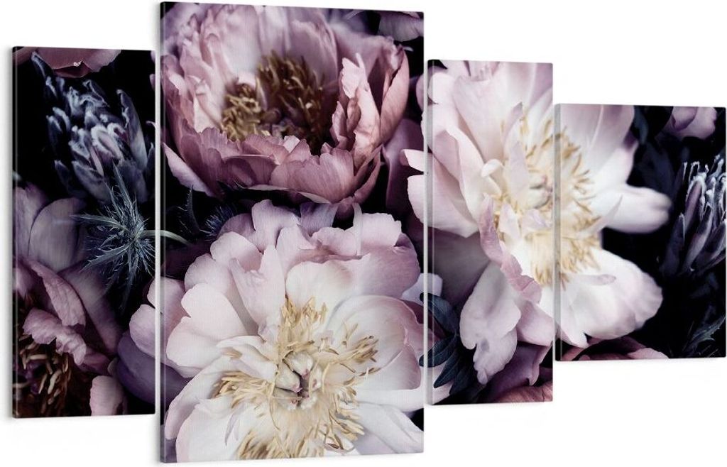 Bild auf Leinwand - Leinwandbild - 4 Teile - Pfingstrosen Veilchen Blumen - 120x70cm - Wand Bild - Wanddeko - Wandbilder - Leinwanddruck - Bilder -...