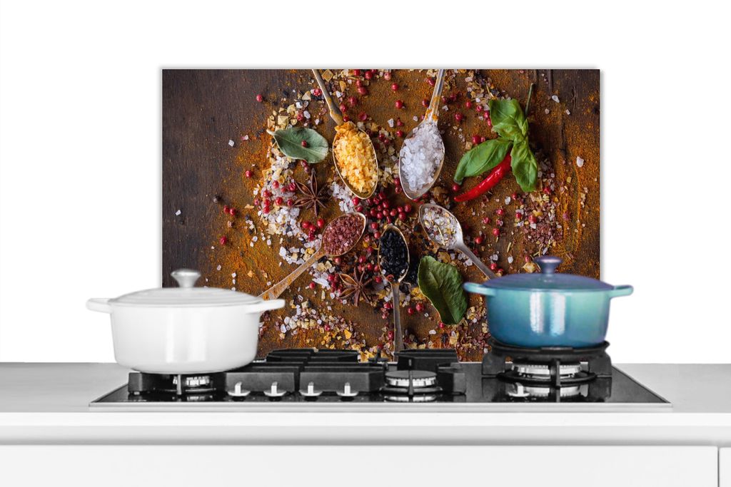 KitchenYeah Spritzschutz Küche - Küchenrückwand - Wandschutz für Herd und Spüle - Gewürze - Kräuter - Löffel - Salz - Braun - Küche 60x4...