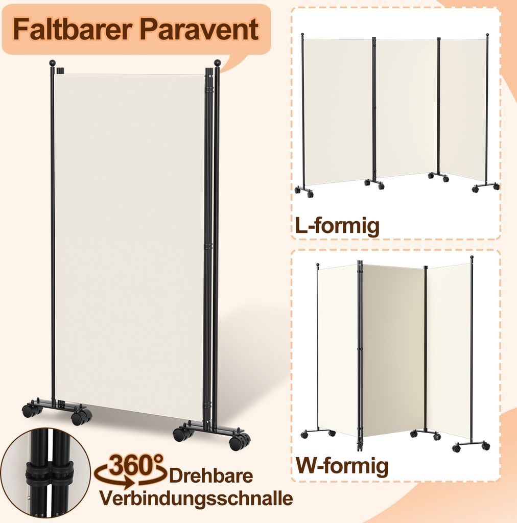 Paravent Pliable 3 Panneaux 260x180 Cm Beige - Séparateur Intérieur Extérieur Jardin Balcon Terrasse - Brise-Vue Élégant & Robuste