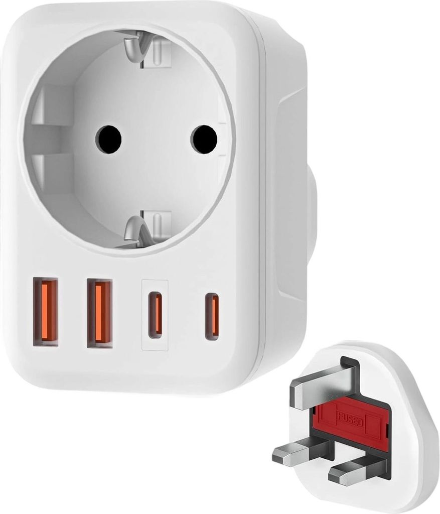 Reiseadapter Großbritannien Deutschland Stecker mit 1 AC & 2 USB-C & 2 USB-A (3.4A), Reisestecker G Stecker Großbritannien zu EU Stecker Adapter,...