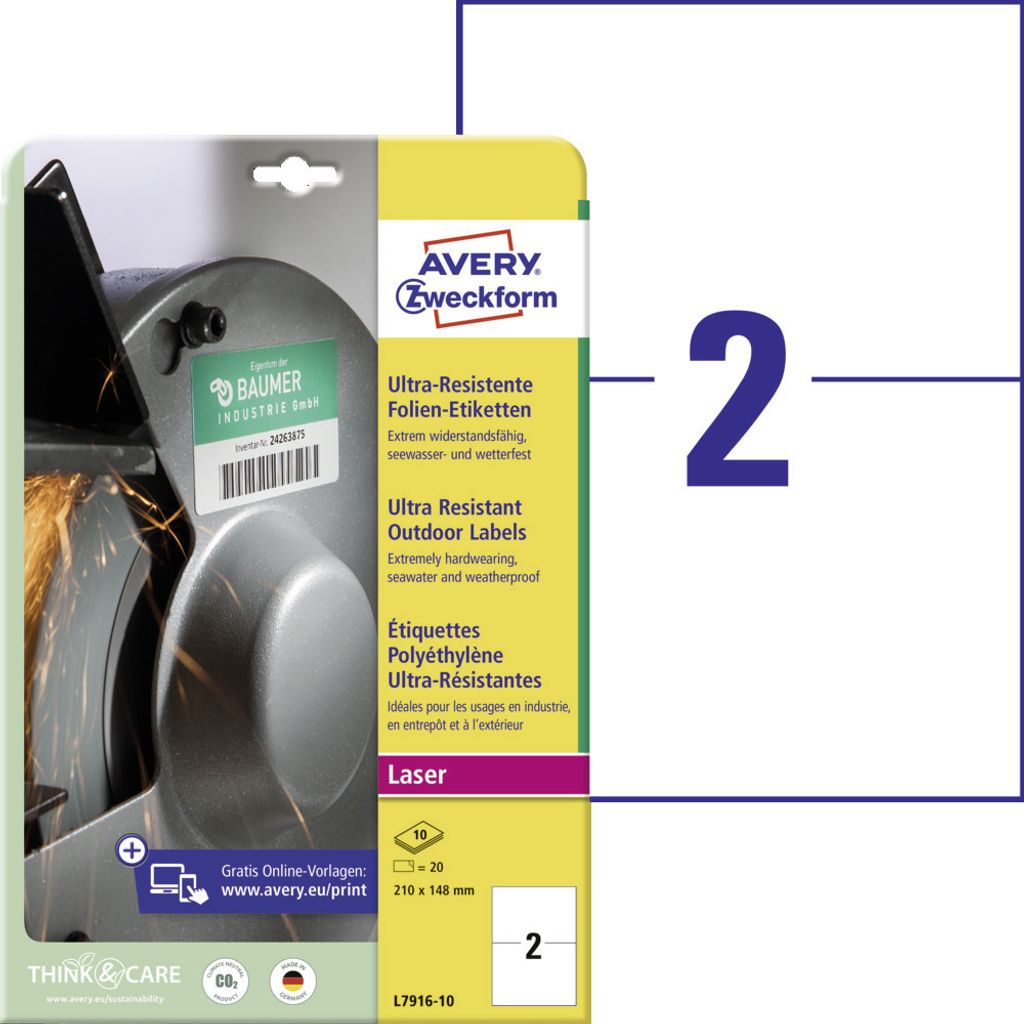 Avery Zweckform L7916-10 Ultra-Resistente Folien-Etiketten, 210 x 148 mm, 10 Bogen/20 Etiketten, weiß
