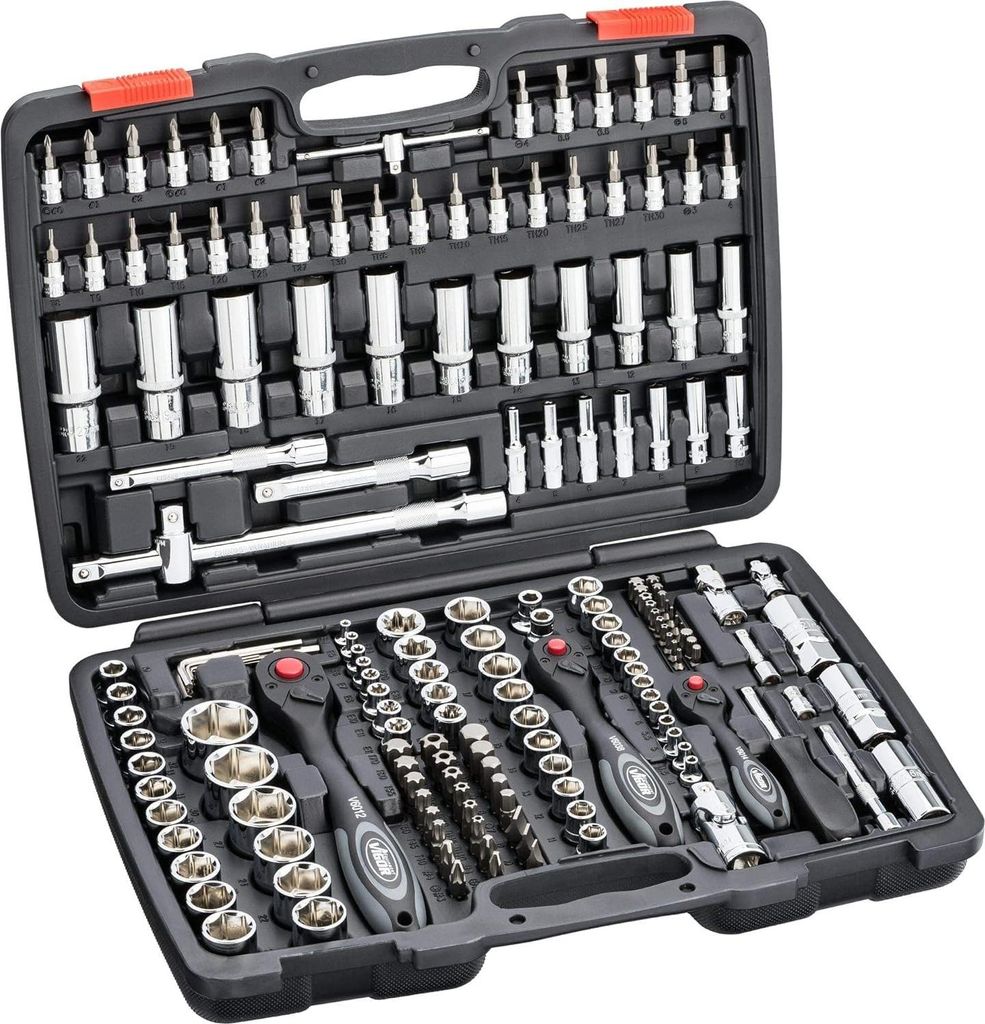A black tool case containing a 172-piece socket wrench set.