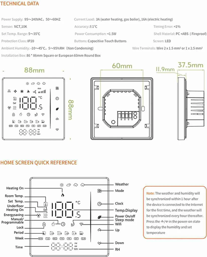Thermostat Programmable WiFi Noir Compatible Alexa et Google Home 5A - 7