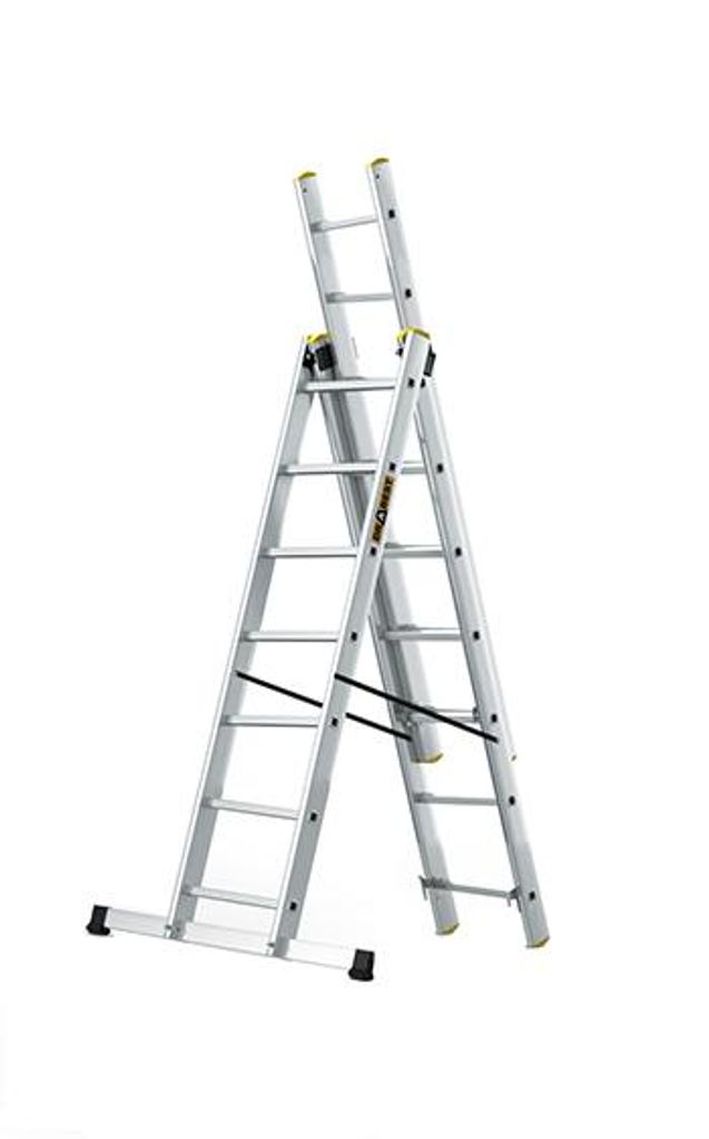 DRABEST | Leiter - PRO Serie - Aluleiter Mehrzweckleiter 3-teilig - Industrieleiter 3 x 7 Stufen - Arbeitshöhe 5 m - bis zu 150 kg - inkl. Eimerhaken