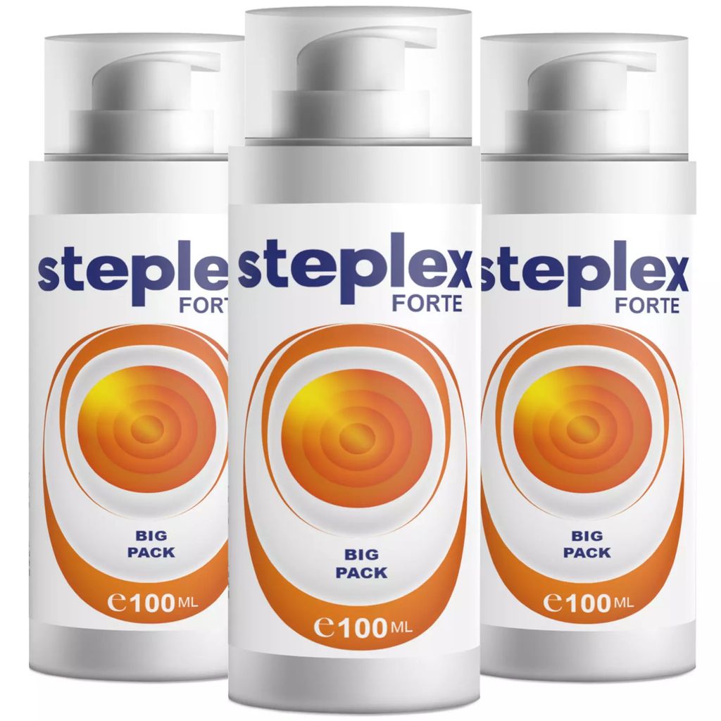 Three bottles of Steplex Forte Creme are displayed side-by-side against a white background.