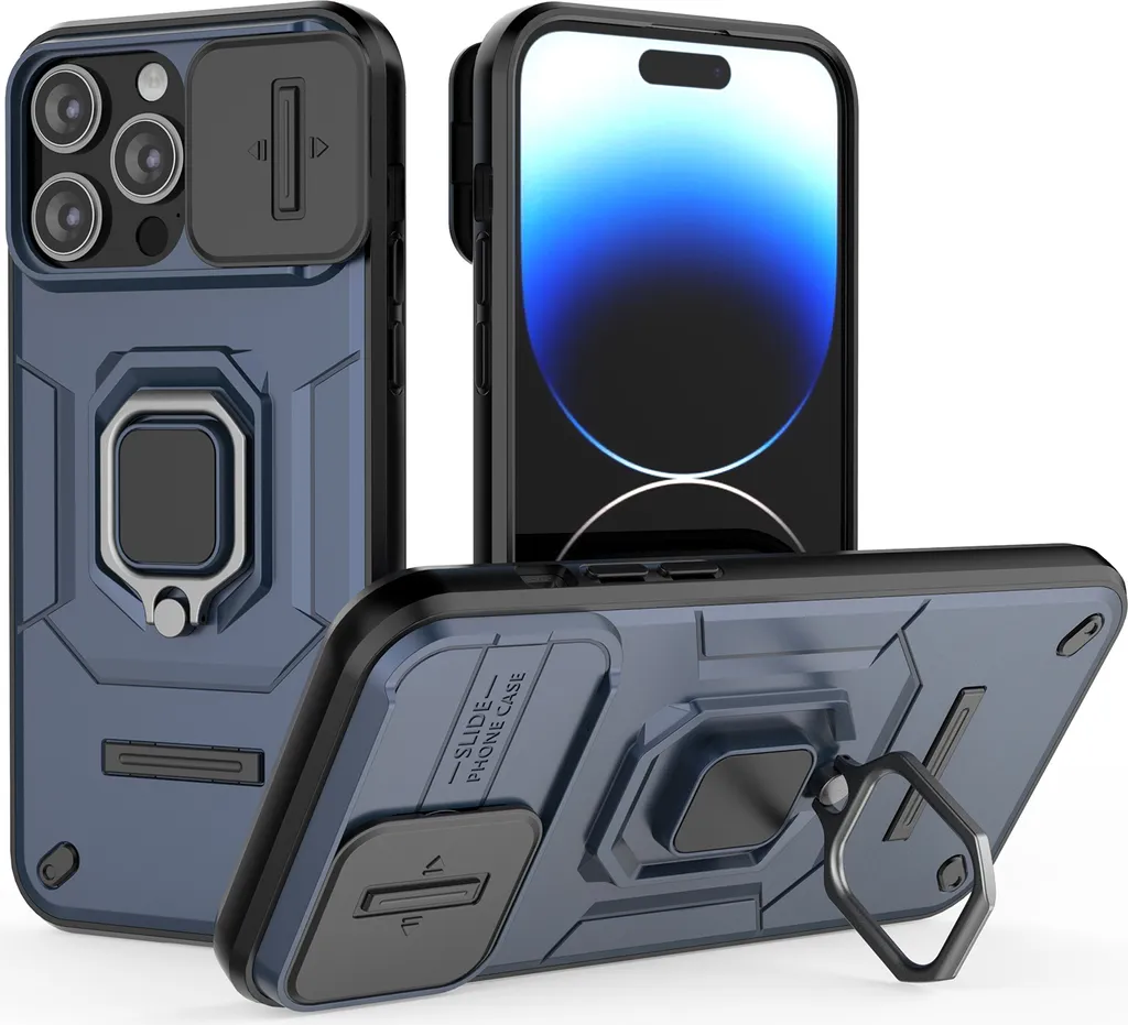 Protezione Totale iPhone 14 Pro: Cover Blu Doppio Strato con Slide Camera