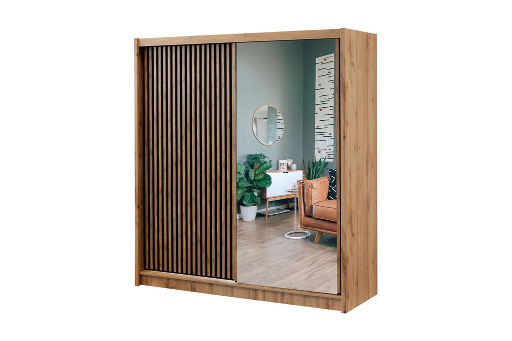 Zweitüriger Kleiderschrank 203 ALODIE mit Spiegel – Wotan-Eiche / Schwarz