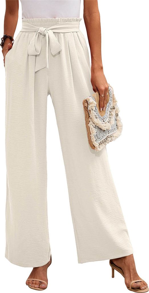 ASKSA Damen Weite Bein Hose Hohe Taille Leichte Lose Freizeithose mit Taschen, Weiss, Groesse: S