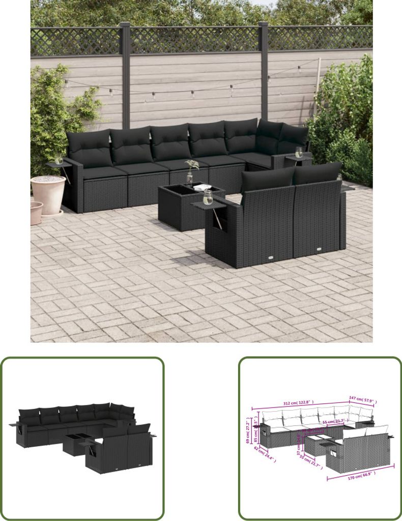 The Living Store 9-tlg. Garten-Sofagarnitur mit Kissen Schwarz Poly Rattan