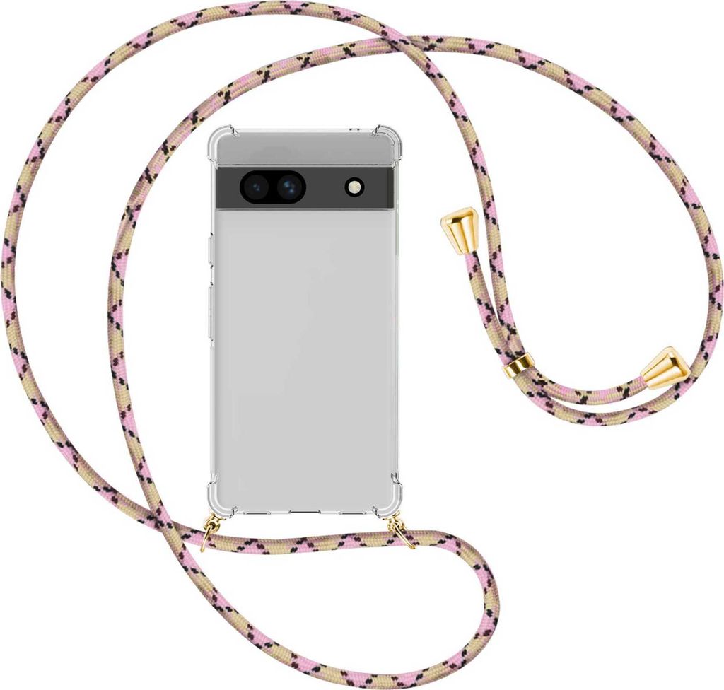 Handykette Backcover-Schutzhülle mit Band (Metall goldfarben) für Google Pixel 7a - rosa Karo