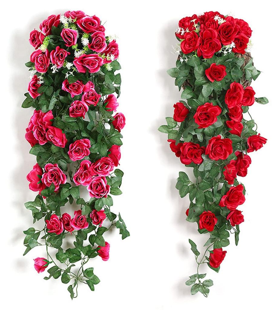 künstliche Goldlackblumen, künstliche Hängepflanzen, Hängeefeu, künstliche rote Rosen, künstliche Hängepflanze für Balkon, Büro, 90 cm (ro...