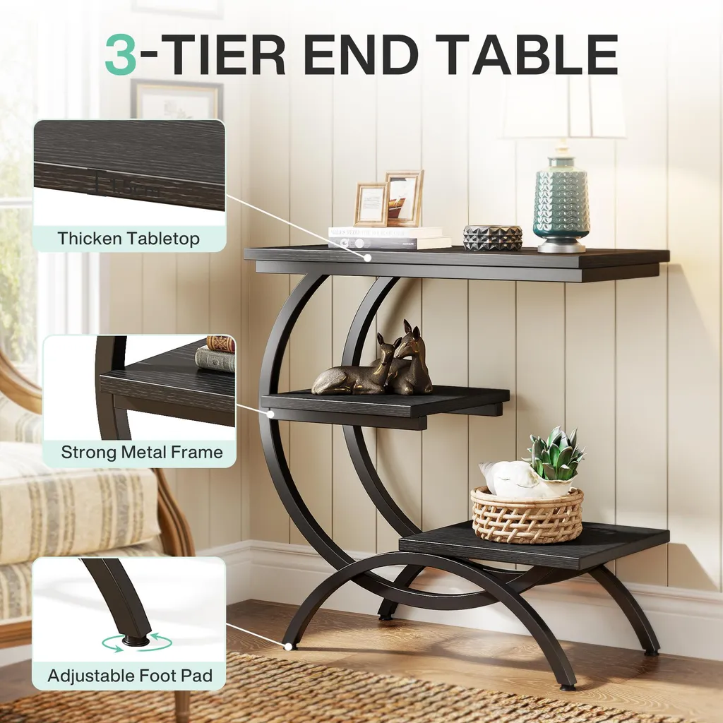 Table d'appoint en forme de C, table basse à trois niveaux bois naturel - 6