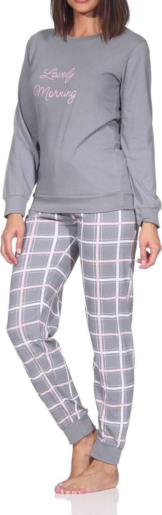 Normann Damen langarm Schlafanzug mit Bündchen Pyjama mit Jersey Hose in Karo Optik ; grau , 48