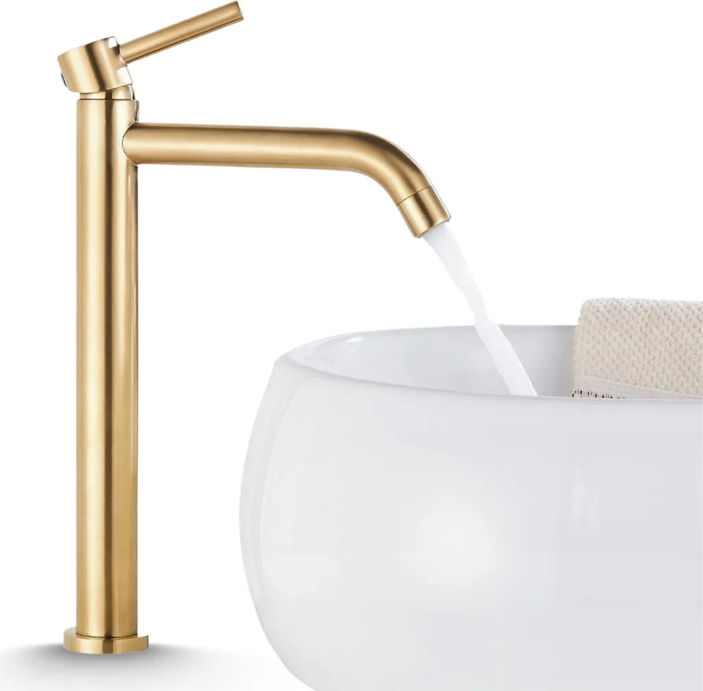 Rubinetto Lavabo Appoggio Ari SLIM TUBE Oro Spazzolato - Robusto
