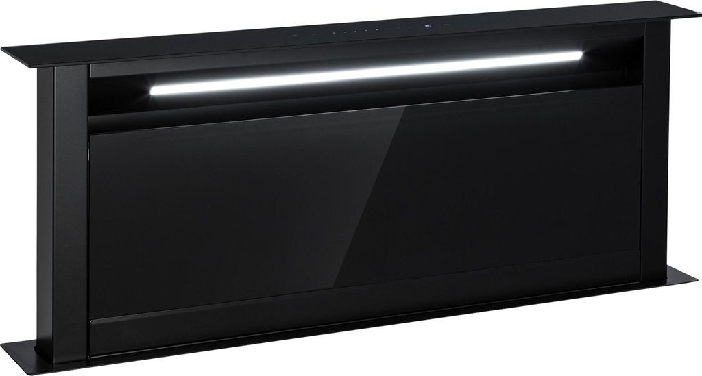A black downdraft extractor hood with an integrated LED light strip.